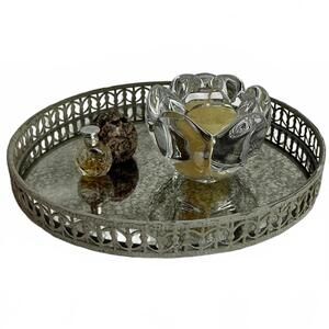 10” Vintage Vanity Antique Lattice Edge Gray Mirror Tray